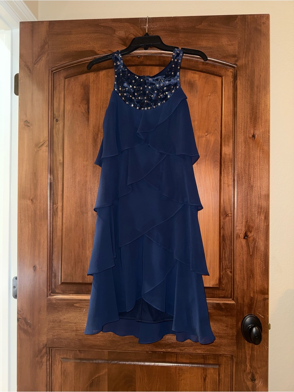 SLNY by Jessica New York Navy Blue Beaded Tiered Chiffon Dress – Size 2